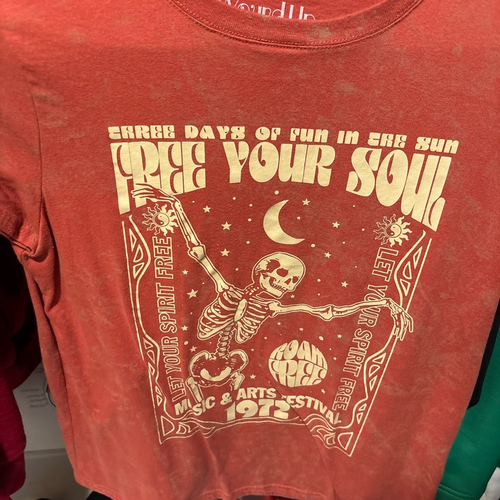 Orange Graphic Tee with Skeleton Design